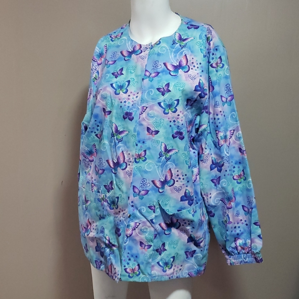Ladies Scrub Lab Coat Butterflies Sz XS